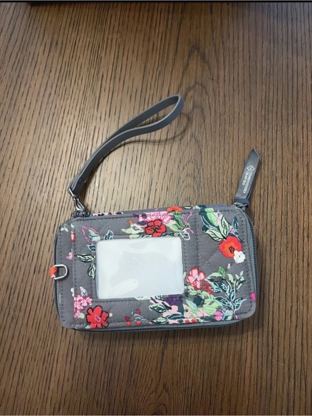 Vera Bradley Gray Floral Wristlet ID Case with Pink & Red Accents